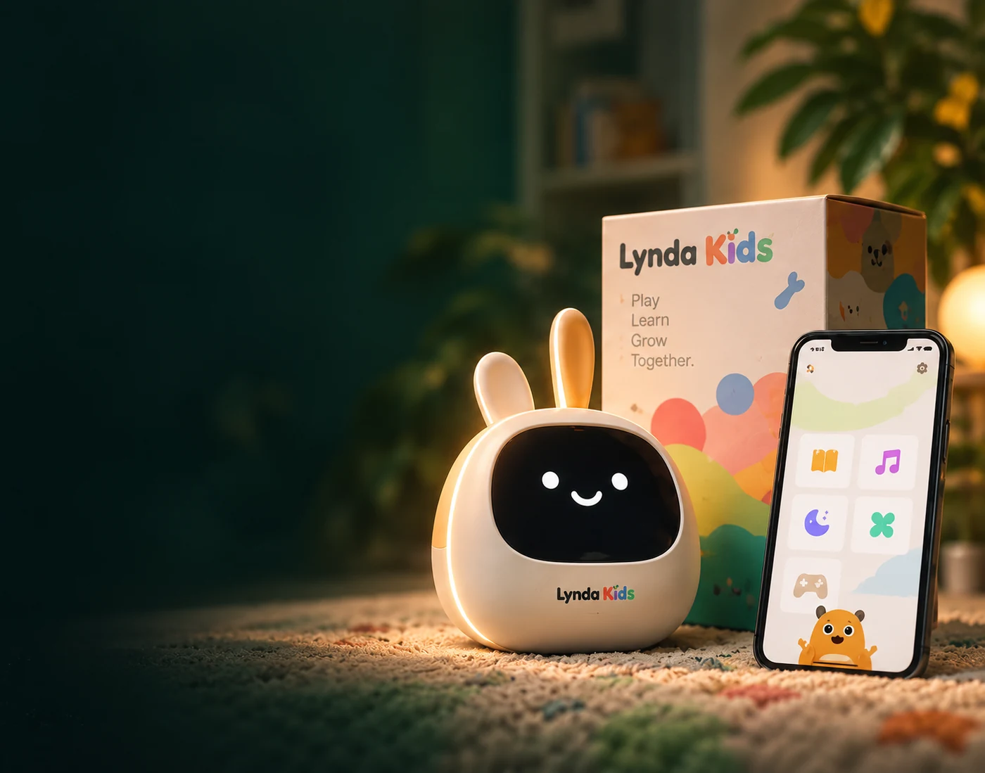 Lynda Kids için bağlantılı cihaz, ambalaj ve telefon içeren konsept görsel